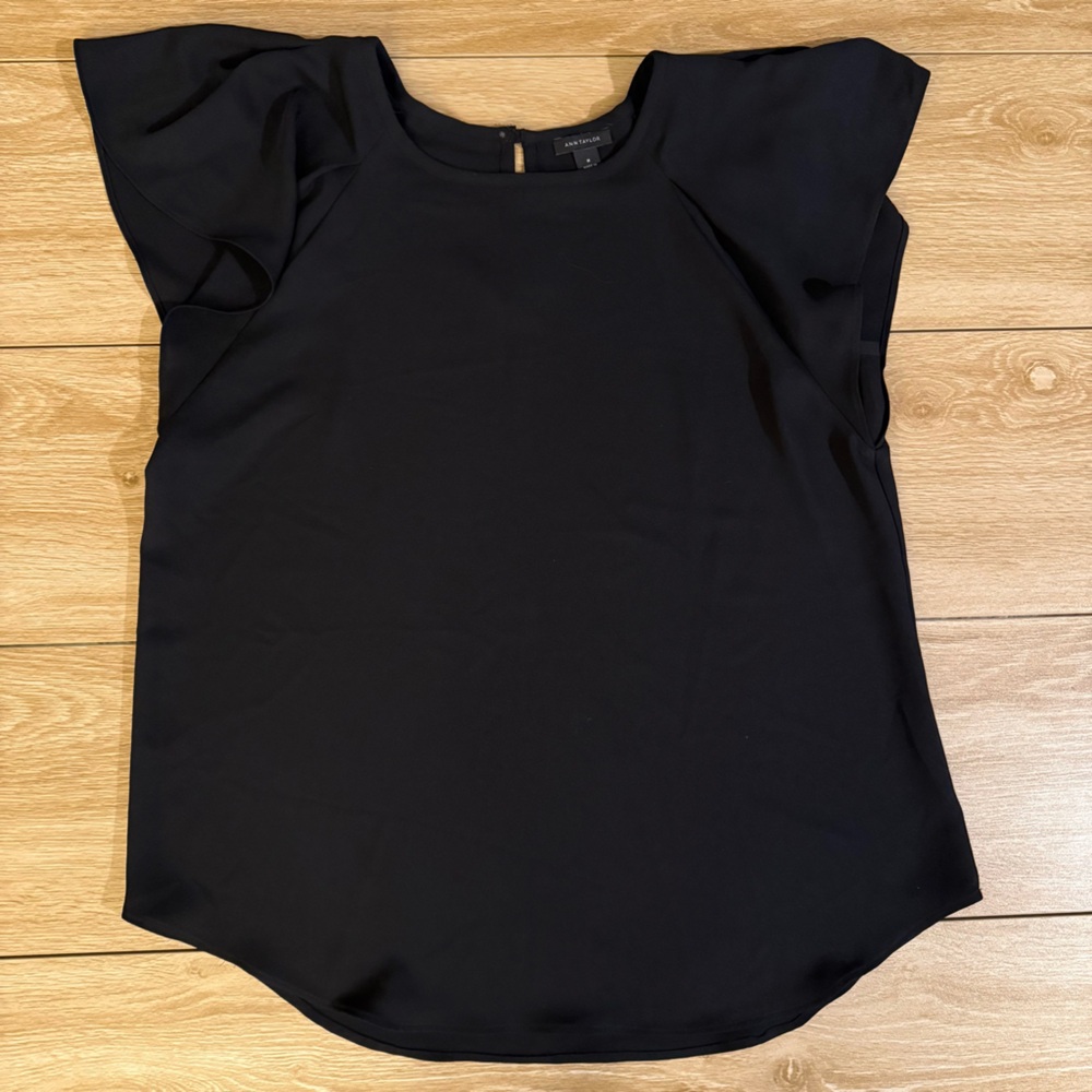 Ann Taylor Ruffle Sleeve Black Blouse Size Medium